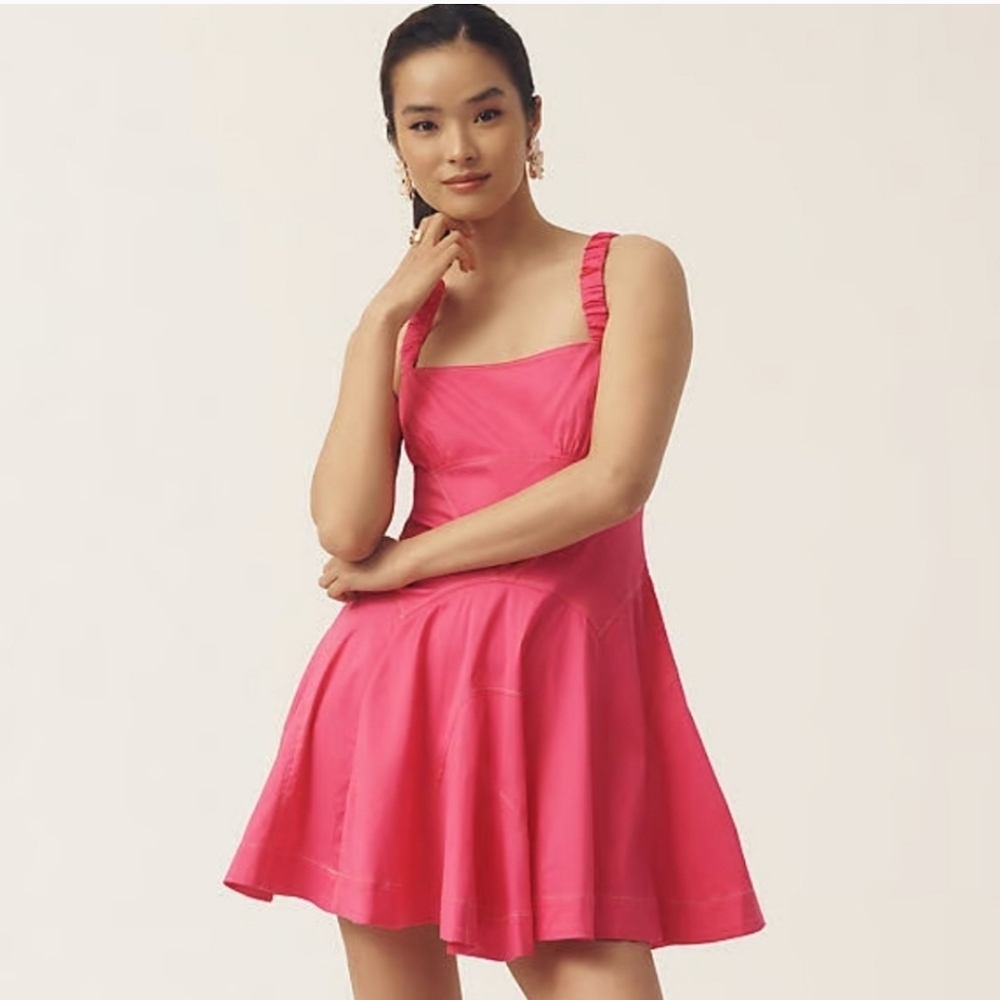 NWT By Anthropologie Plunge Drop Waist A Line Mini Dress Fuchsia Pink Strappy LG